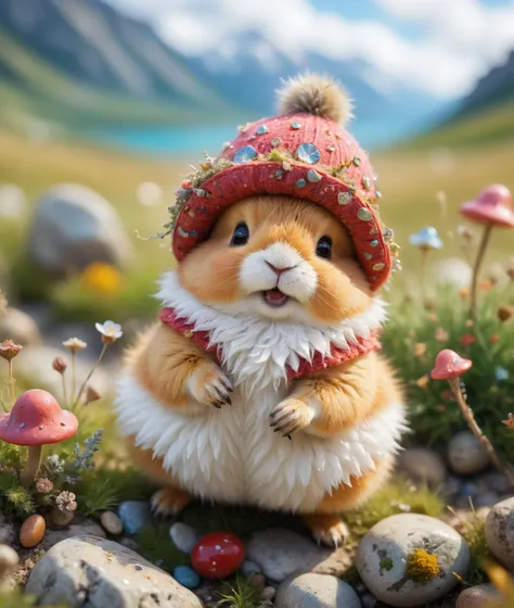 tilt-shift photo of  . selective focus, miniature effect, blurred background, highly detailed, vibrant, perspective control, natural  Tilt Shot  (Whimsically artistic)    , adorable extra (fluffy: 1.3) chubby miniature pika wearing an adventurer hat,  dry ...