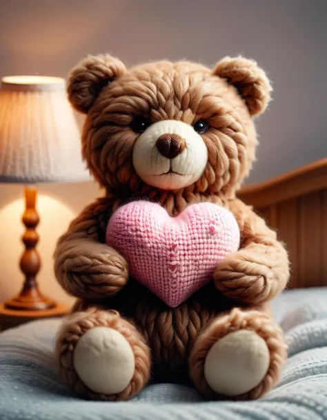 a close up of a teddy bear holding a pink heart on a bed