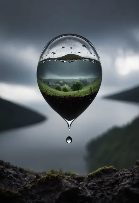 an landscape trapped inside a falling raindrop in mid-air in front of a black background