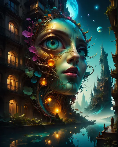 fantasy concept art, night scenery, (mixed styles by Alberto Seveso and Gediminas Pranckevicius and Wadim Kashin:1.2), breathtaking intricate details, dramatic natural lighting, reflective catchlights, cinematic, brilliant, sharp focus, fantastical and mys...