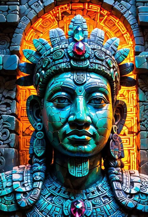 detailed close-up, weathered Mayan statue, close-up on intricate facial features, glowing crystal veins, neon streaks against aged stone, cracked texture, mystical energy