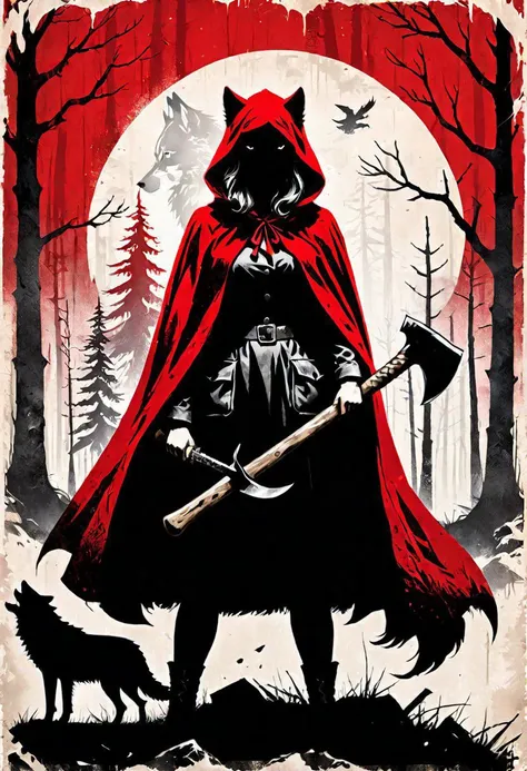 Red Riding Hood, defiant, WWII resistance poster, axe held high, tattered red cloak, wolf silhouette, gritty textures