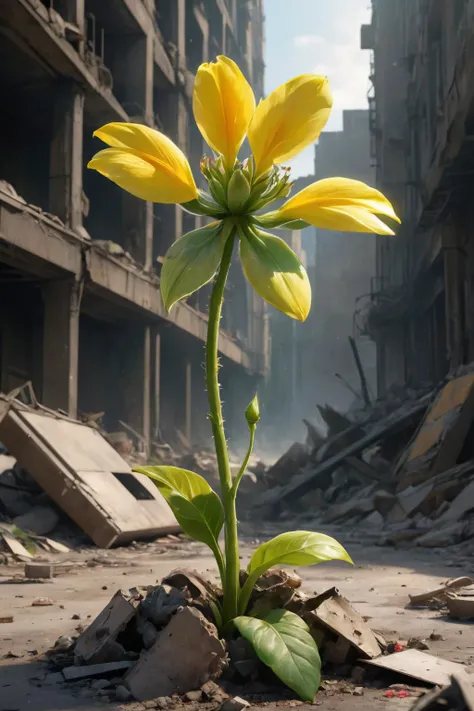 a close up of a plant growing out of a pile of rubble