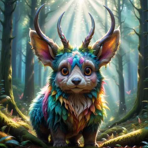 forest     , (best quality, 8K, ultra-detailed, masterpiece), (close-up shot), fluffy feathered big eared creature with intricate horns, vibrant colors, colorful surface due to refraction, fantasy art, hyper detailed, colorful, light rays through beautiful...