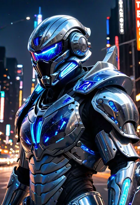 Man, futuristic armor, full body, deep Space, space armor suit, armor, style armor (smooth armor: 2.00) blu and red lights, gray and light blue metal chromed armor, red and blue lights, metal armor, diffusion (particles: 1.25) lights on armor, smooth helme...