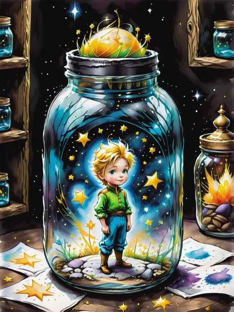 comic The little Prince in a mason jar. graphic illustration, comic art, graphic novel art, vibrant, highly detailed, Colorsplash <lora:SDXLPaintSplash:1>