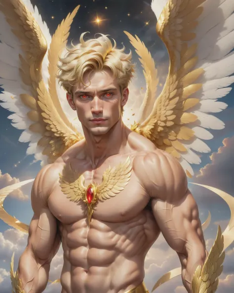 (close-up:1.5),muscle, menstoga, in white and gold costume, male focus, solo, 1boy, (bare shoulders),looking at viewer, soft red eyes, nude, (Seraphim:1.5), (multiple wings:1.5), in the sky, (floating:1.3), (midair:1.5), clouds, (man with wings), angel win...