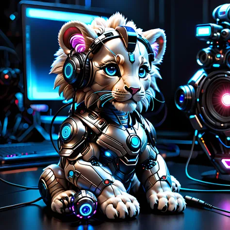 cybernetic babylion cuddling toy with a visible cable-wired brain and ((laser weapons)),(( iron styled paws toes)), wearing headset (with microphone),muscles cable wires, (camera lens eyes:1.3), glowing eyes, looking cute, detailed sci-fi background, photo...