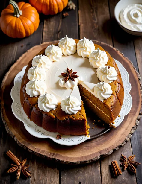 food photography of a spiced pumpkin cake, sitting on a decorative autumn platter, rustic wood table, photoshoot, high quality, beautifully decorated symmetry, whipped cream