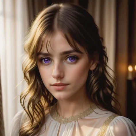 (Beauty shot:1.3)  Photo portrait of a pensative young caucassian girl ,(sparkling purple eyes), brown Layered Hair With Curtain Bangs, detailed skin, wearing a white dress, (half her face concealed in shadow:1.4), in a luxurious loft, golden hour lighting...