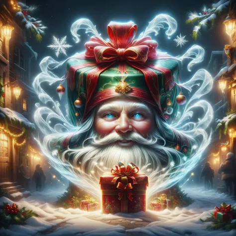 (ral-exposure, long exposure:1.2),The Ghost of Christmas Present is a jovial and larger-than-life spirit, radiating warmth and mirth. Cloaked in vibrant robes adorned with festive holly and ivy, this spirited entity embodies the joyful essence of the holid...