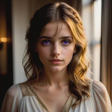 (Beauty shot:1.3)  Photo portrait of a pensative young caucassian girl ,(sparkling purple eyes), brown Layered Hair With Curtain Bangs, detailed skin, wearing a white dress, (half her face concealed in shadow:1.4), in a luxurious loft, golden hour lighting...