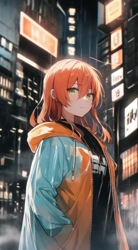 a woman in a yellow jacket standing in front of a city