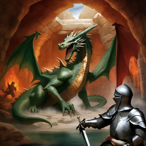 green dragon in dragon den, red reflections, gold and treasure cave background, knight holding sword, shiny armor, close-up profile, screaming, knight attacking dragon in den, golden treasure background