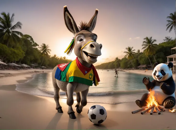 Donkey character playing soccer, jamaican beach sunset background, wide angle shot, panda bear character warming hands over a bonfire at a beach