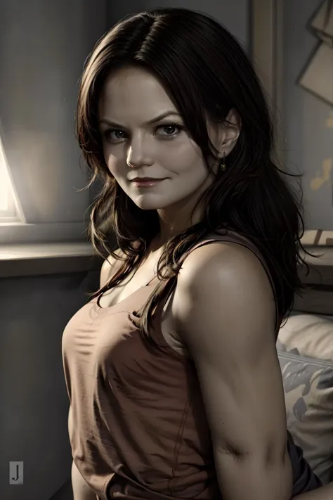 a close up of a woman in a brown dress sitting on a bed