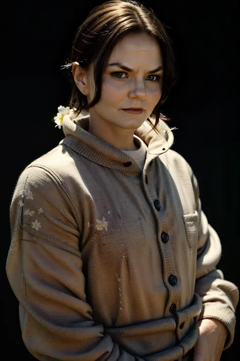 arafed woman with a flower in her hair posing for a picture