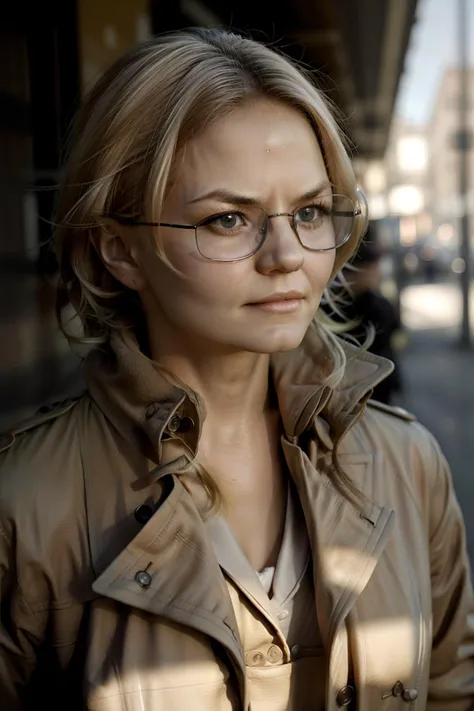 arafed woman in glasses and a trench coat standing on a street