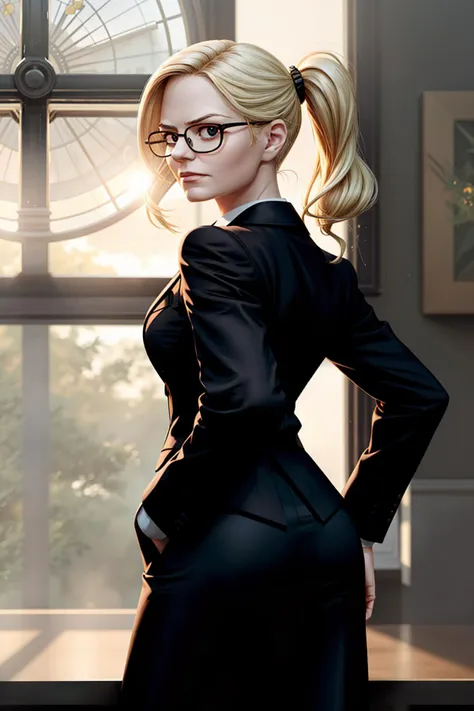 there is a woman in a black dress and glasses standing in front of a window