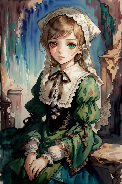 watercolor (medium),masterpiece, best quality, 1girl, propped up on one elbow (resting), painting of  <lora:SuiseisekiV1:0.8>, bonnet, head scarf, heterochromia, green dress, neck ribbon, twin drills, doll joints, solo ,sfw, intricate background, semi-arid...