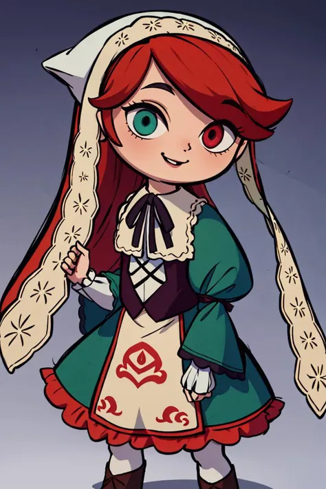 a cartoon girl with a red hair and a green dress