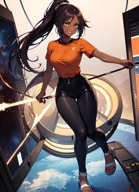 a woman in a orange shirt and black pants holding a sword