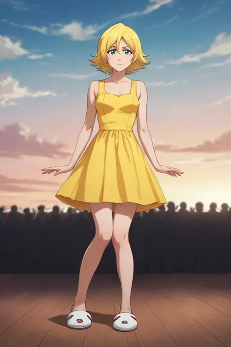 score_9, score_8_up, score_7_up, source_anime, rating_safe, intricate details, (realistic:0.6), , depth of field, 1girl, green eyes, yellow hair, gradient dress, short dress, slippers, solo, focused, concert, day, clouds, knees up, :D, <lora:bleach_style_p...