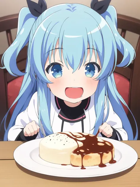 <lora:Noel:0.8>Noel, 1girl, food, blue hair, open mouth, blue eyes, smile, long hair, two side up, blush, plate, solo, long sleeves, dress, :d, drooling, white dress
masterpiece, high quality, very_high_resolution, large_filesize, full color,