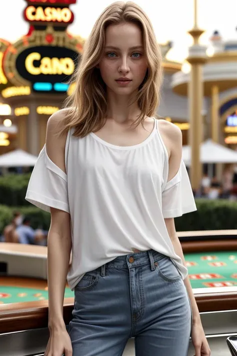 a woman standing in front of a casino table with a casino sign in the background