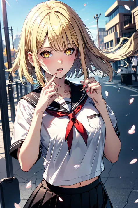 ((masterpiece)), (best quality), official art, extremely detailed CG, unity 8k wallpaper, ultra detailed, 
1girl, blonde hair,  yellow eyes, glowing eyes, medium breasts, black eyeliner, brush,  
school uniform, serafuku, white shirt, short sleeves,  white...