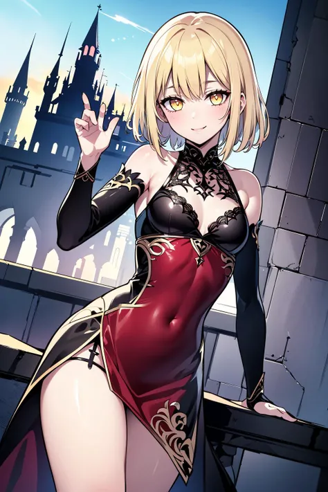 ((masterpiece)), (best quality), official art, extremely detailed CG, unity 8k wallpaper, ultra detailed, 
1girl, blonde hair,  yellow eyes, glowing eyes,  small breasts, black eyeliner,  red dress,  bare shoulders, smile, 
sexy pose, 
outdoors, castle, to...