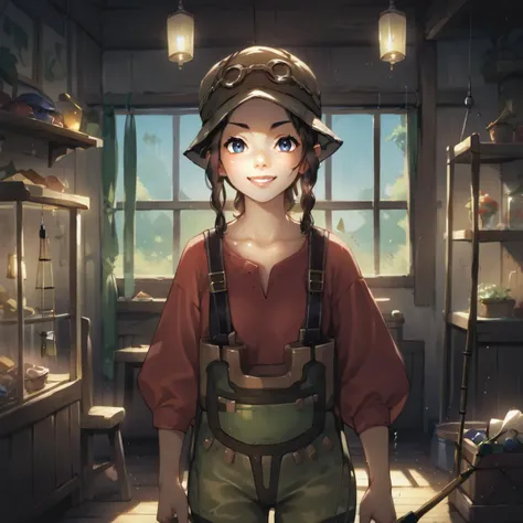 anime girl in a hat and overalls standing in a room