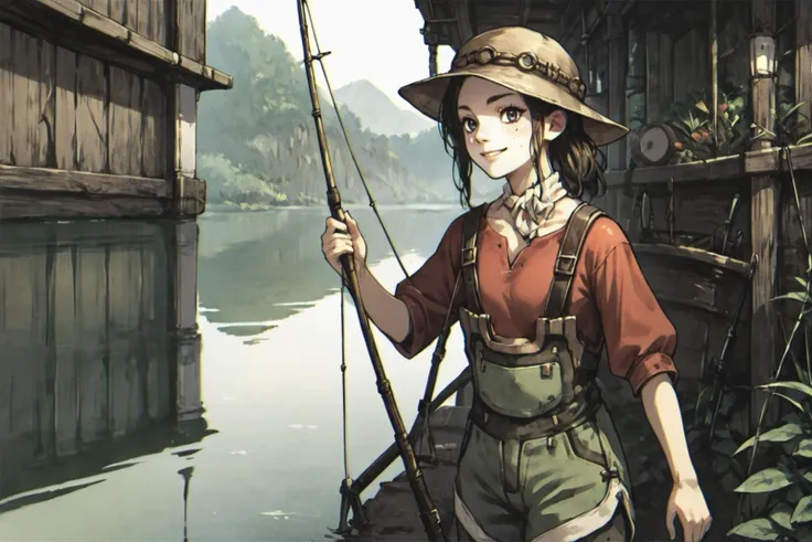 anime girl with fishing pole and hat standing by a lake