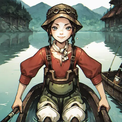 anime girl sitting in a boat with a fishing pole