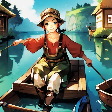 anime girl sitting in a boat with a fishing pole