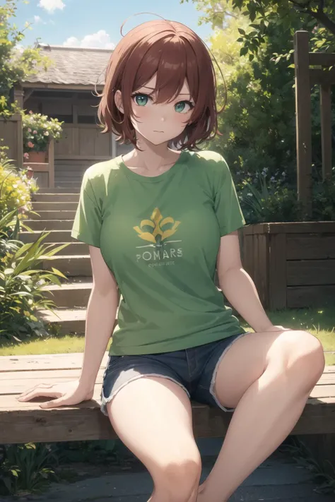 (masterpiece, best quality:1.1), volumetric lighting, visual novel, beautiful tomboy, mature, feet out of frame, symmetry,
(green eyes:1.0), red hair, t-shirt, shorts, messy hair, large breasts,
looking at viewer, pouty lips, closed mouth, warm color palet...