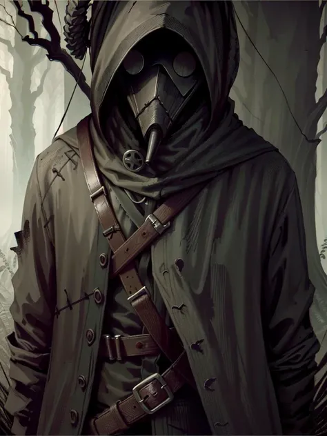 <lora:DarkWoodsV1-000010:1> DarkWoodsStyle plague doctor, mask, forest, leather jacket