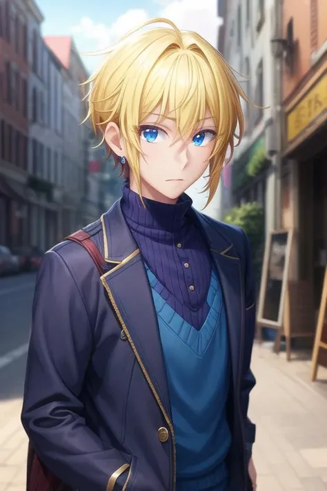 masterpiece, best quality, , 1boy, solo, male focus, looking at viewer, , depth of field, <lora:taiga_hirano:0.70>, taiga_hirano, blonde hair, blue eyes, jewelry, jacket,