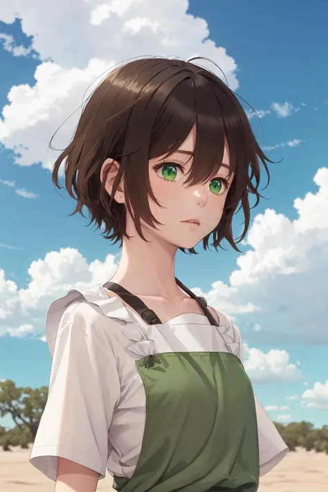 highres, sharp focus, pixiv masterpiece, ((intricate details)), highly detailed, chakuro, green eyes, solo, shirt, short hair, white shirt, outdoors, 1boy, looking at viewer, short sleeves, sky, day, black hair, collarbone, upper body, hair between eyes, c...