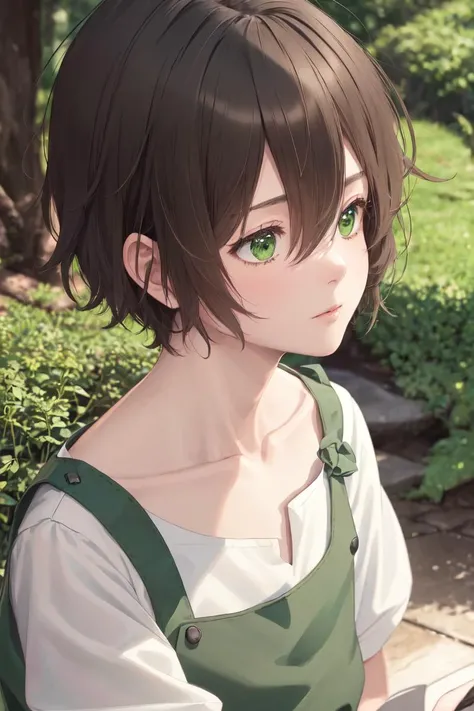 highres, sharp focus, pixiv masterpiece, ((intricate details)), highly detailed, chakuro, 1boy, upper body, green eyes, short hair, white shirt, short sleeves, black hair, collarbone, hair between eyes, male focus, green apron,  <lora:Chakuro:0.8>