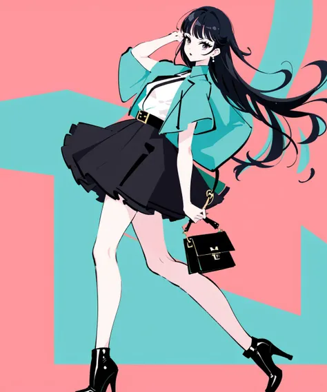 style by nty_ol, pin up, cubism, minimalism, a woman, long hair, pastel colors, black skirt, walking, mall, purse  <lora:Olivian_Poster_v2:0.6>