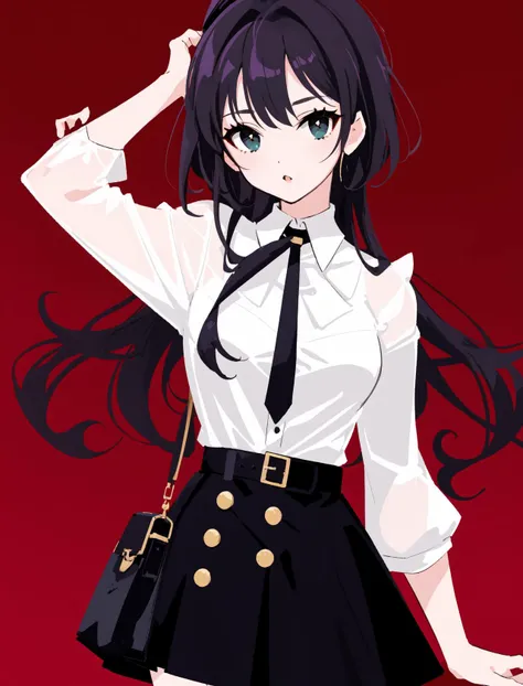 style by nty_ol, pin up, minimalistic, a woman, white shirt, black skirt, <lora:Olivian_Poster_v2:0.6>