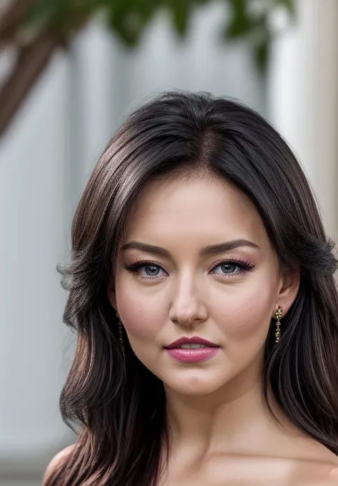 a close up of a woman with long hair wearing a dress