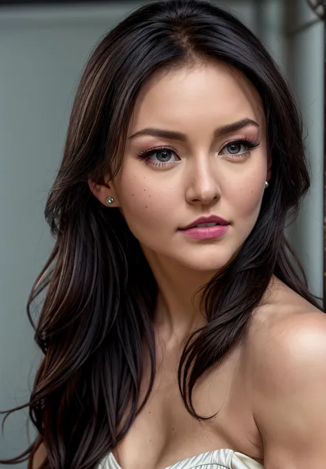 a close up of a woman with long hair wearing a white dress