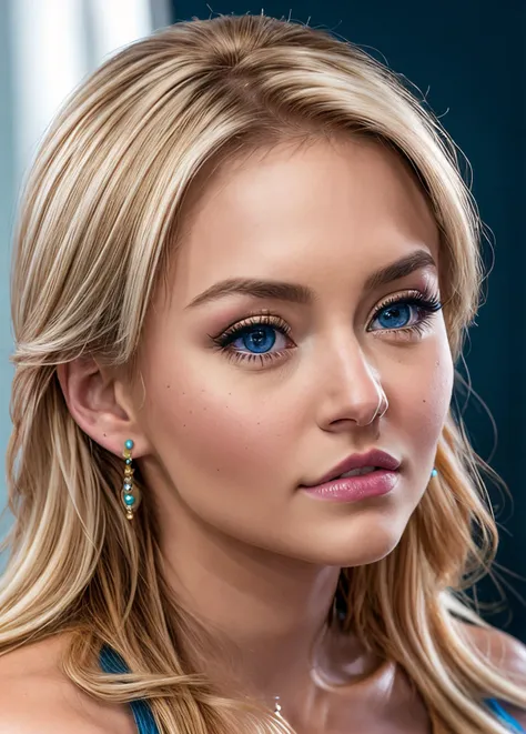 a close up of a woman with blue eyes and blonde hair