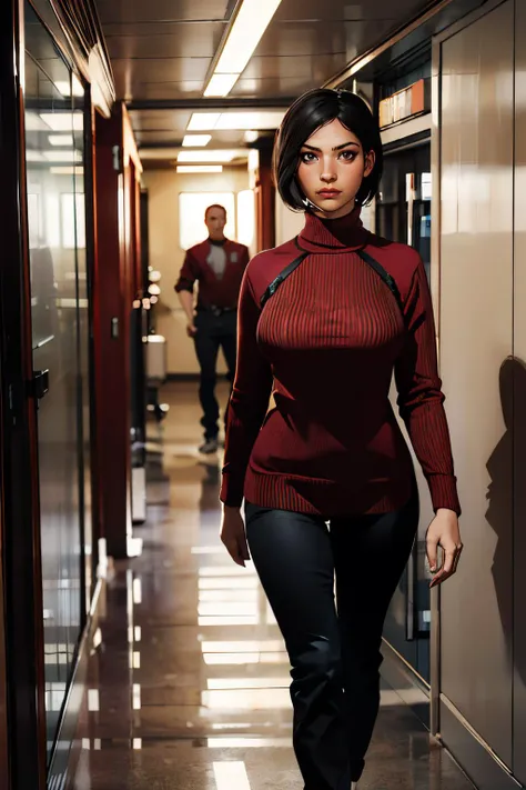 a close up of a woman walking down a hallway with a man in the background