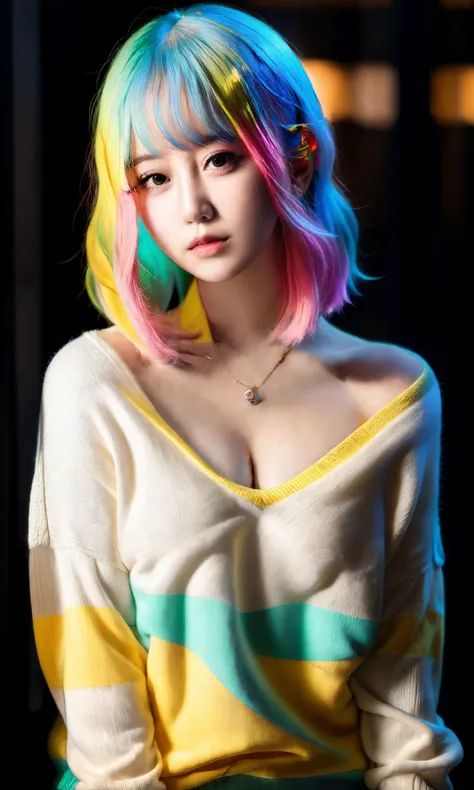 realistic photo of a 20yo stunning Japanese 1girl with colored hair and giant breasts wearing comfy sweater in front of bright light, lit from behind, rim lighting, backlit, contre-jour:1.5, bright neon light, neon,skin detail, pores, vellus realistic, mas...