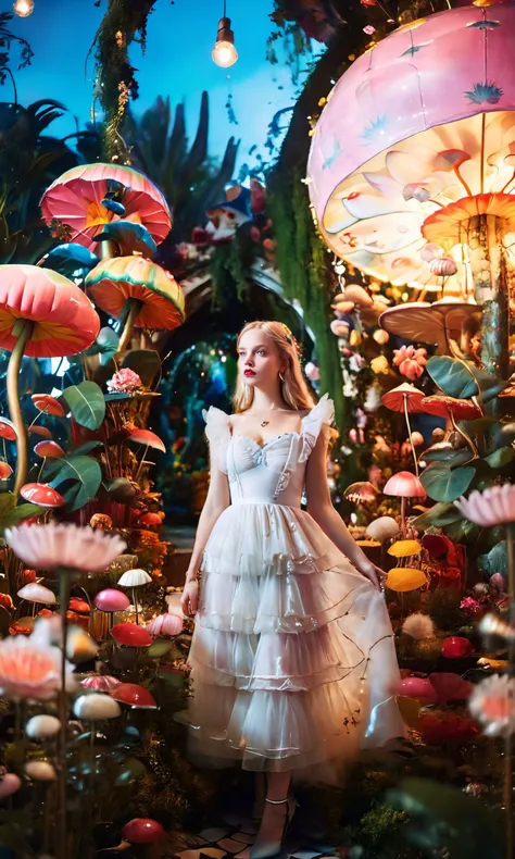 cinematic photo Arcane, Alexander Bogen, Alice in Wonderland, wandering in Enchanted Garden, beautiful, whimsical wonderland with oversized flowers, talking animals, hidden pathways, swirling lights:1.2, light particles:0.9,life-like, Incorporates vibrant ...