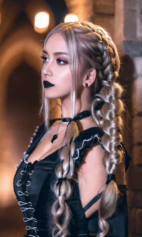 closeup of woman wearing gothic clothes, braided pigtails, in a castle, sharp focus, looking at the night time, Mystical atmosphere, cinematic,