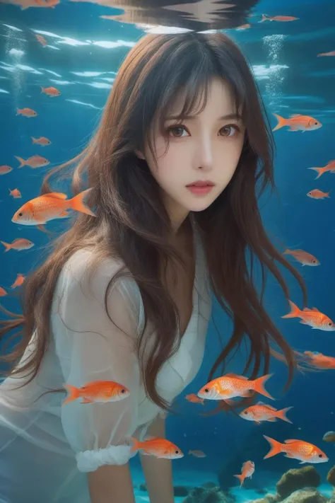 (masterpiece, best quality, highres, anime), (1girl, long hair, looking at viewer, blush, underwater, fish, ocean),